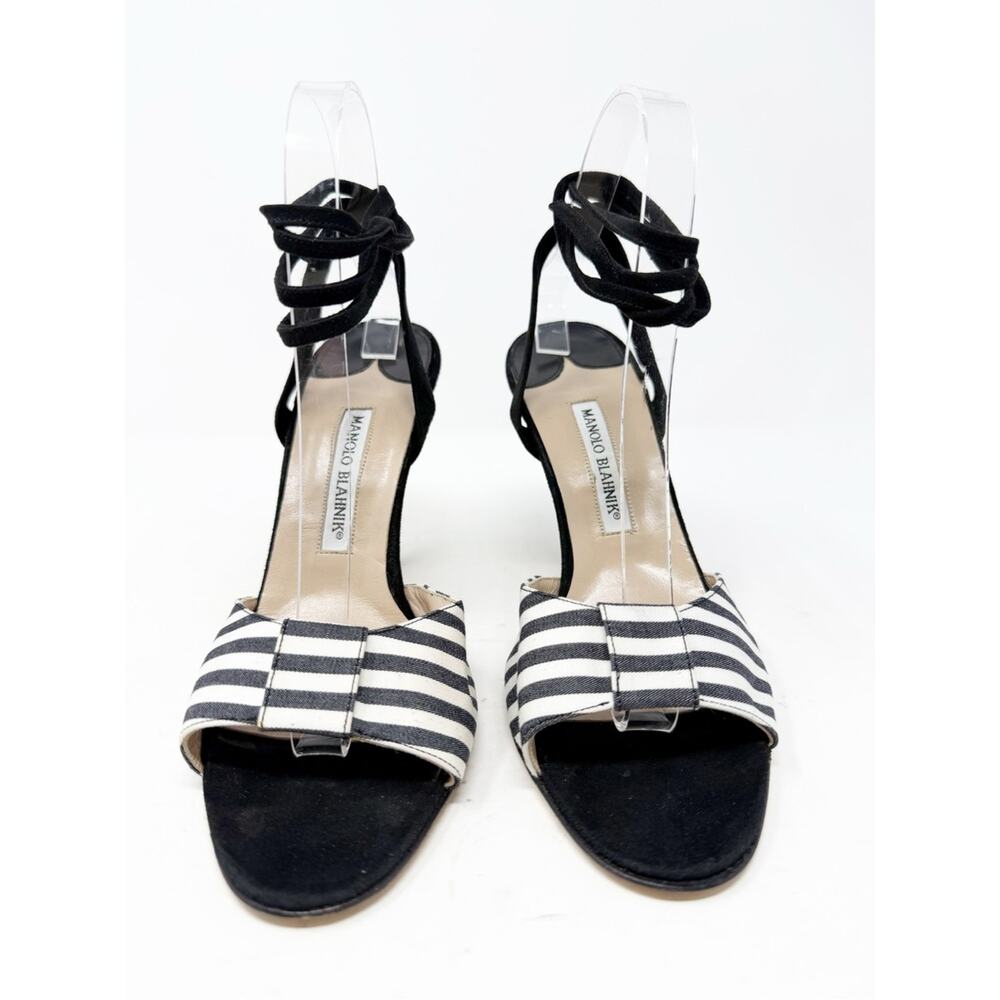 Manolo Blahnik Striped Bow Ankle Wrap Sandal Heels Womens Size EU 41 - Picture 3 of 10